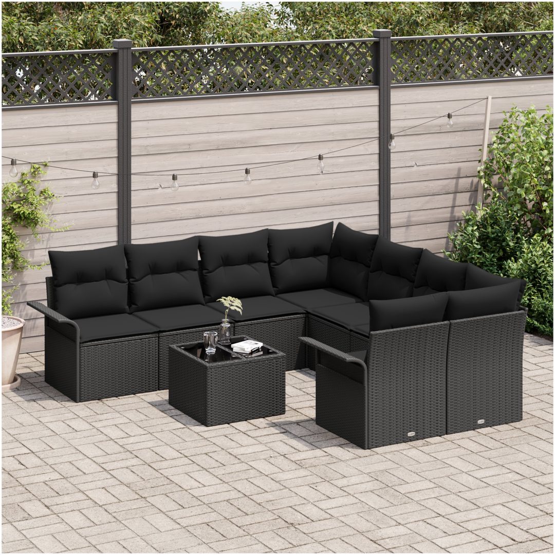 9-delars Trädgårdsoff Set med Kuddar Svart Poly Rattan vidaXL 55 x 55 x 37 cm – bild 3