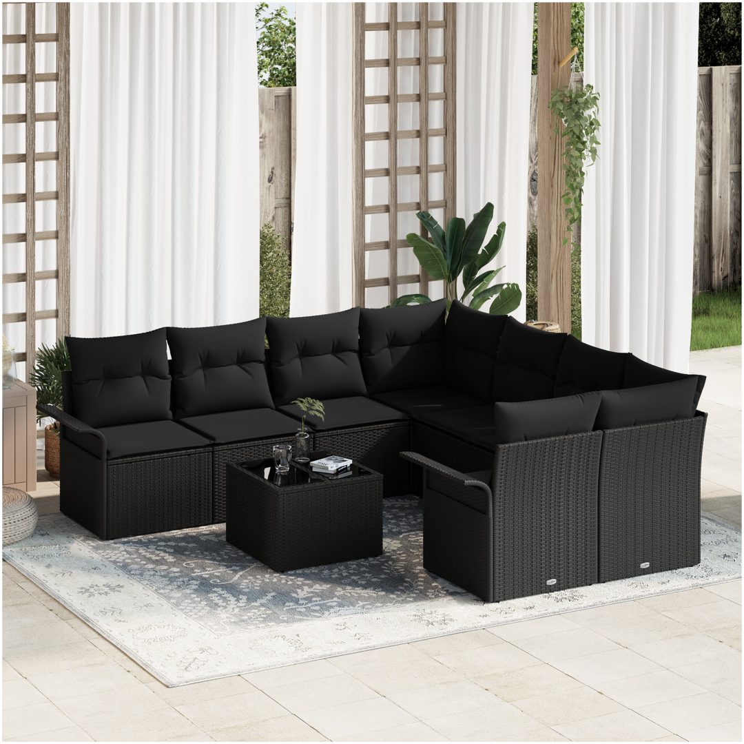 9-delars Trädgårdsoff Set med Kuddar Svart Poly Rattan vidaXL 55 x 55 x 37 cm