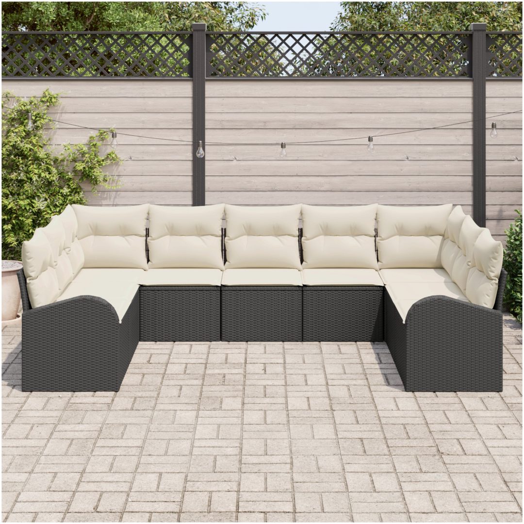 9-delars Trädgårdsoff-set med kuddar Svart Poly Rattan vidaXL Stor – bild 3