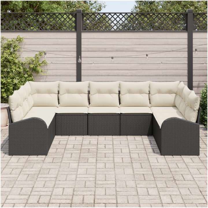 9-delars Trädgårdsoff-set med kuddar Svart Poly Rattan vidaXL Stor – bild 3