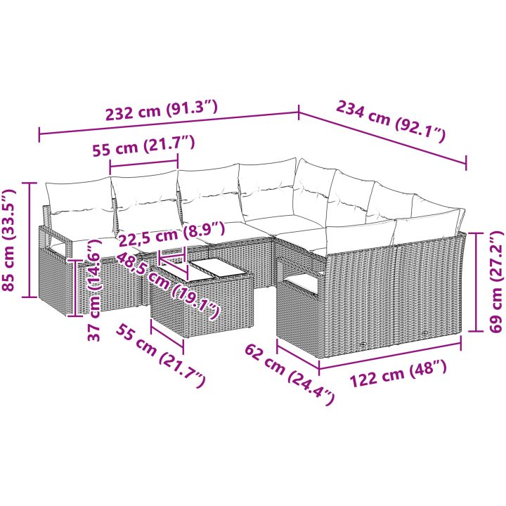 9 Delars Trädgårdsoff Set med Kuddar Svart Poly Rattan vidaXL Stor – bild 9