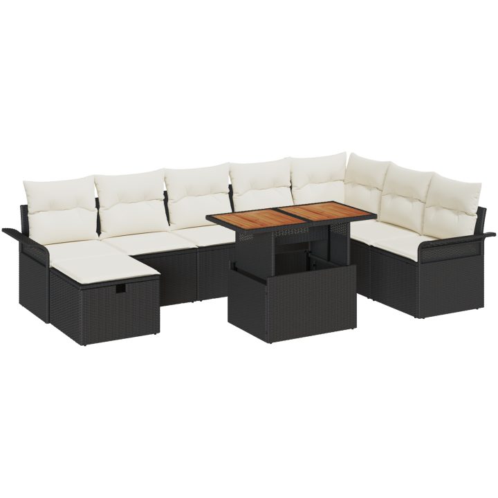 9-delars Trädgårdsoff set med kuddar Svart Polyrotting vidaXL 100 x 55 x 73 cm – bild 2