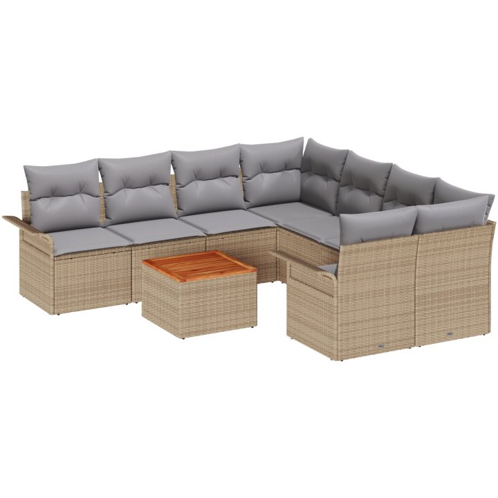 9-delars trädgårdsoffa med kuddar Beige Poly Rattan Akacia vidaXL 55 x 55 x 37 cm – bild 2