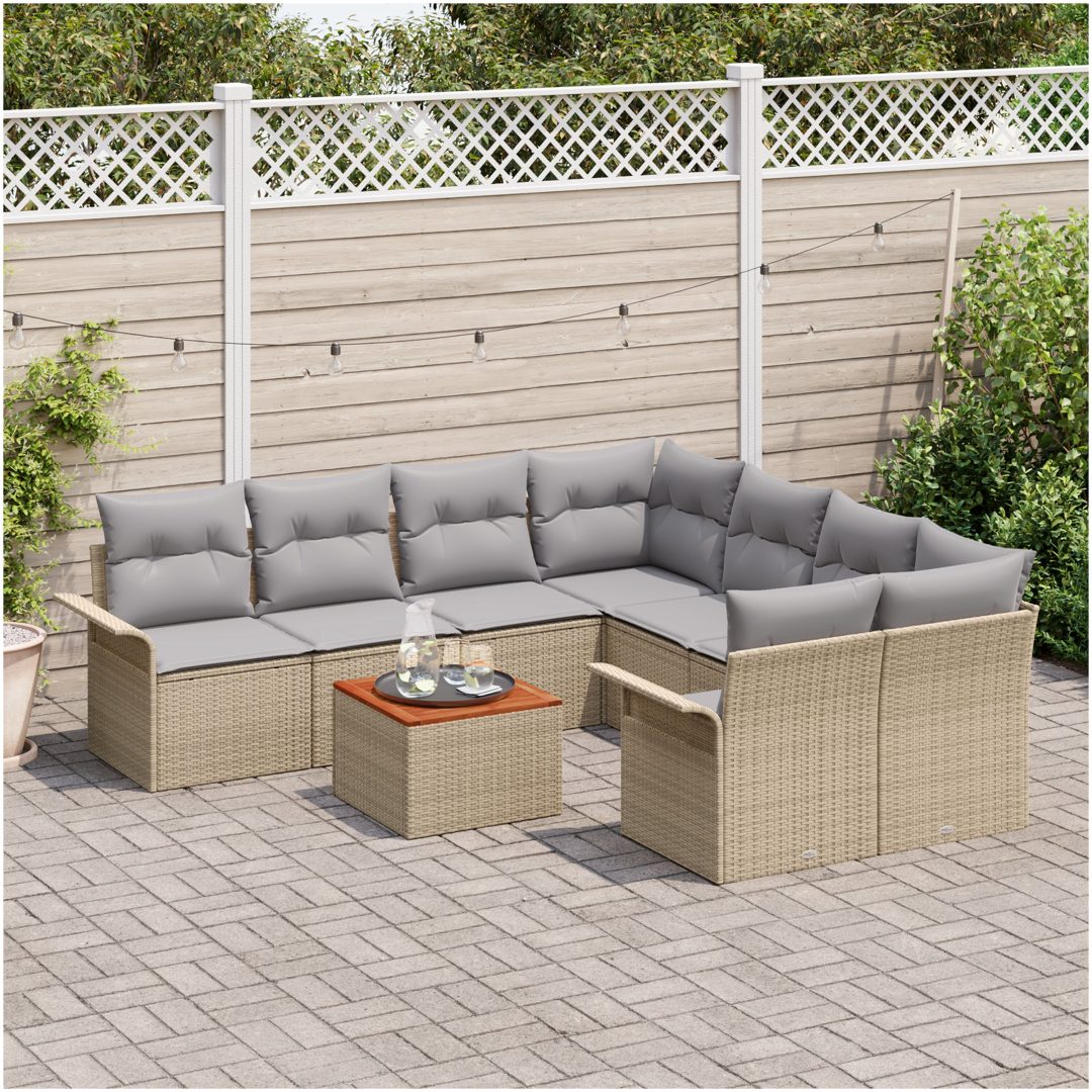 9-delars trädgårdsoffa med kuddar Beige Poly Rattan Akacia vidaXL 55 x 55 x 37 cm – bild 3