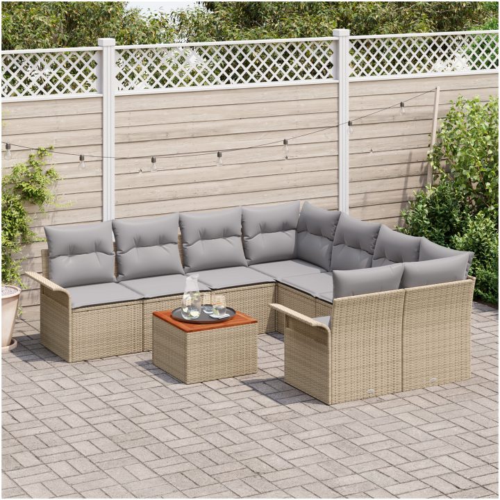 9-delars trädgårdsoffa med kuddar Beige Poly Rattan Akacia vidaXL 55 x 55 x 37 cm – bild 3