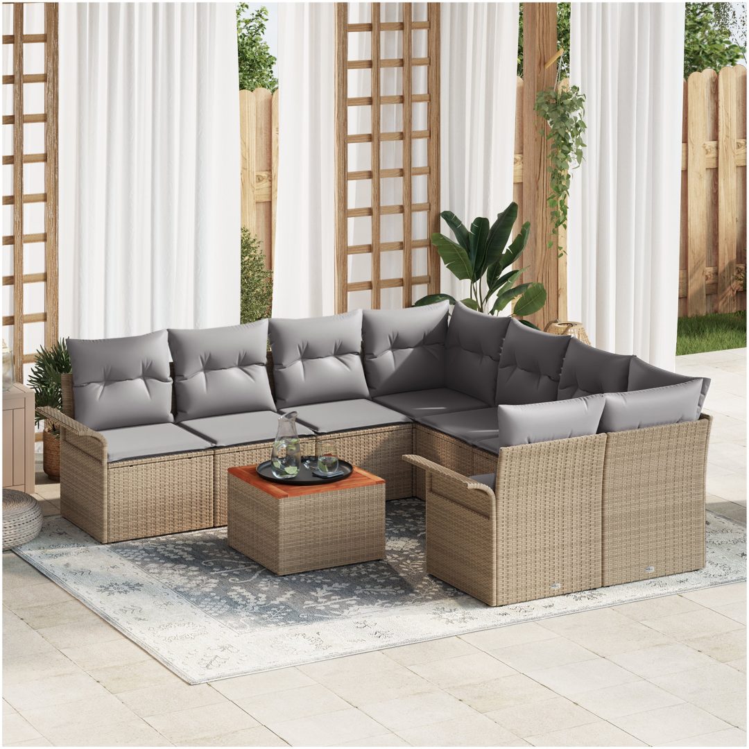 9-delars trädgårdsoffa med kuddar Beige Poly Rattan Akacia vidaXL 55 x 55 x 37 cm