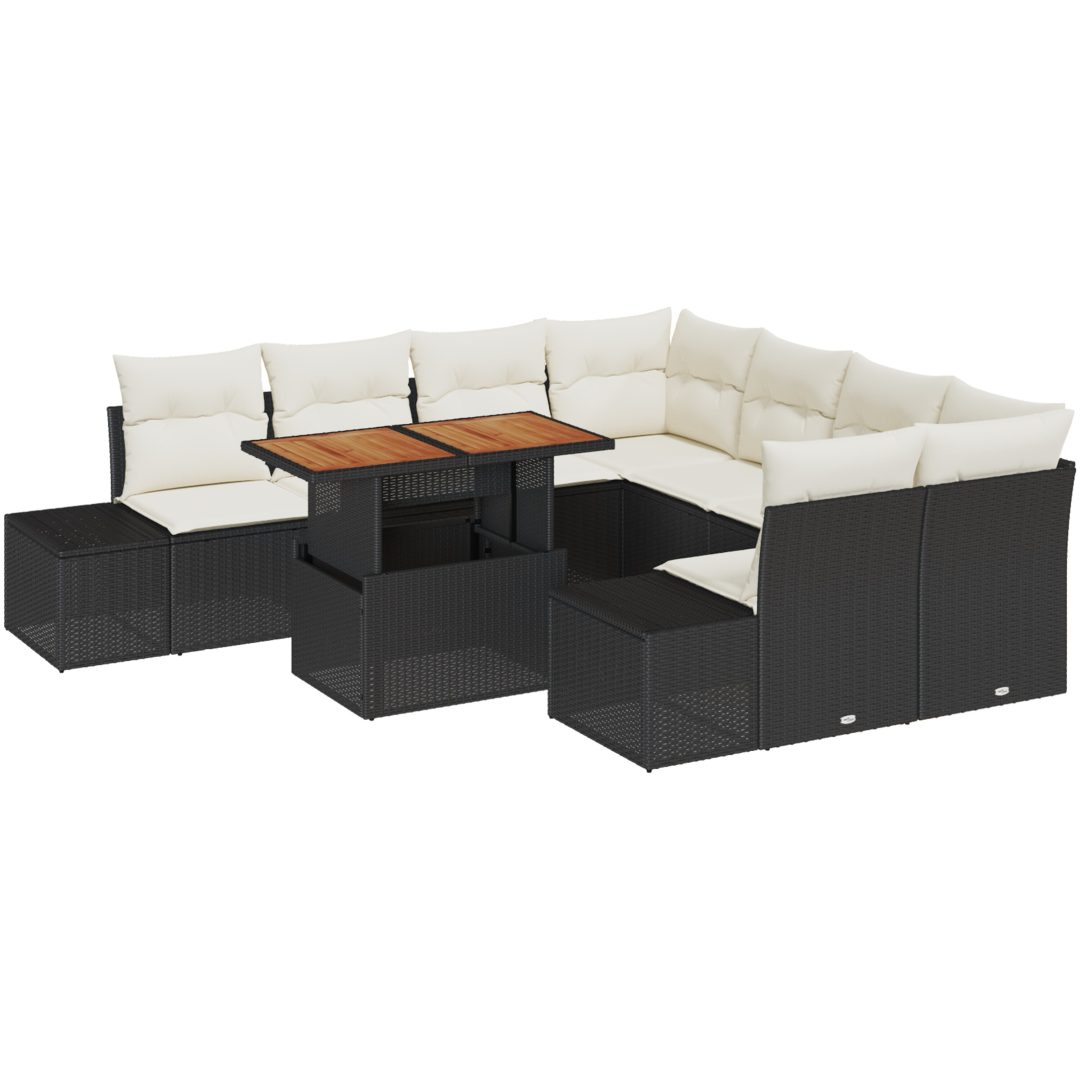 9-delars trädgårdsoffa med kuddar i svart polyroting vidaXL 100 x 55 x 73 cm – bild 2