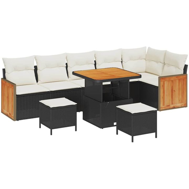 9-delars Trädgårdsoffa med Kuddar Svart Poly Rattan Akacia vidaXL Medium – bild 2