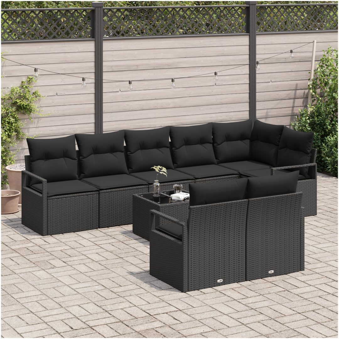 9-delars trädgårdsoffa set med kuddar beige poly rattan vidaXL Stor – bild 3
