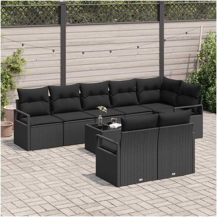 9-delars trädgårdsoffa set med kuddar beige poly rattan vidaXL Stor – bild 3
