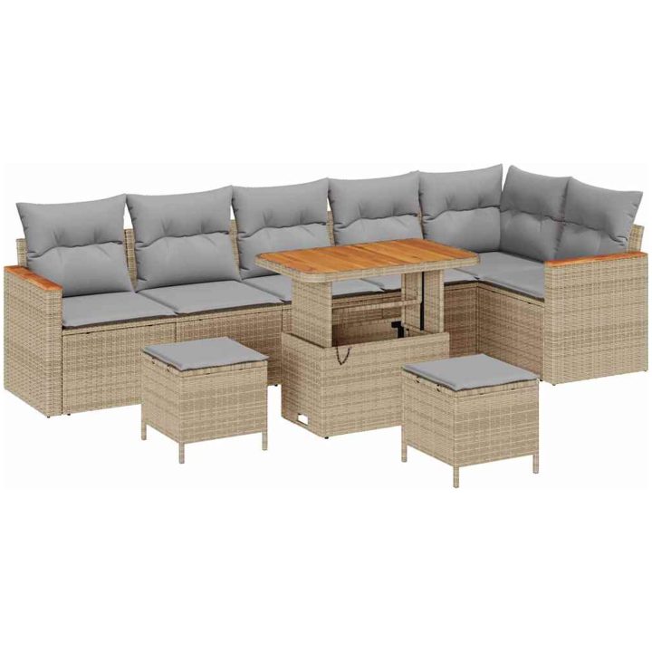 9-delars Trädgårdsoffagrupp med kuddar Beige Poly Rattan Akacia vidaXL Stor – bild 2