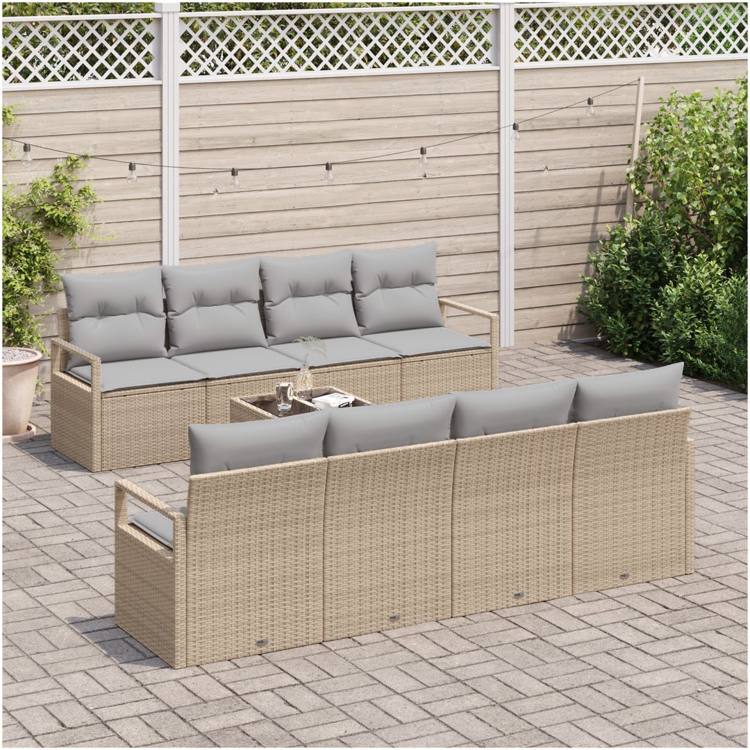 9-delars trädgårdsoffagrupp med kuddar beige poly rattan vidaXL Stor – bild 3