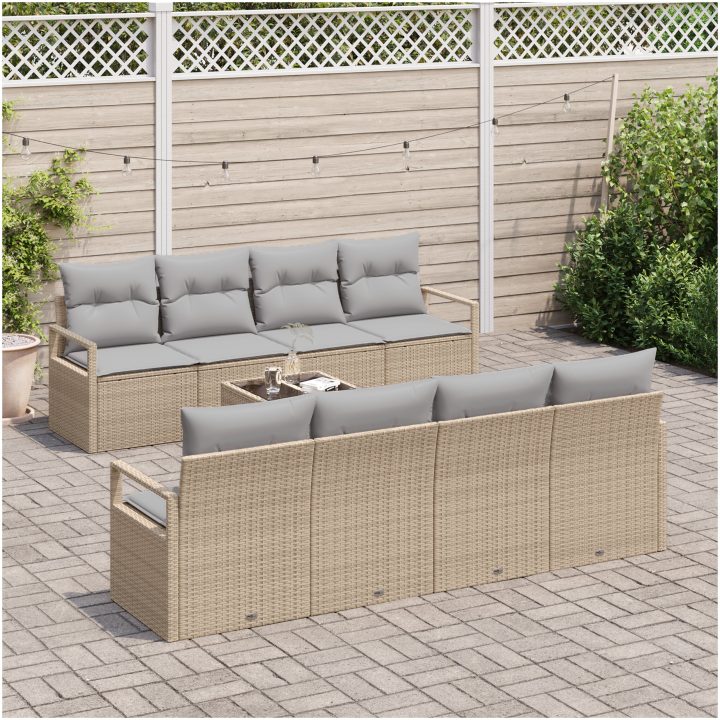 9-delars trädgårdsoffagrupp med kuddar beige poly rattan vidaXL Stor – bild 3