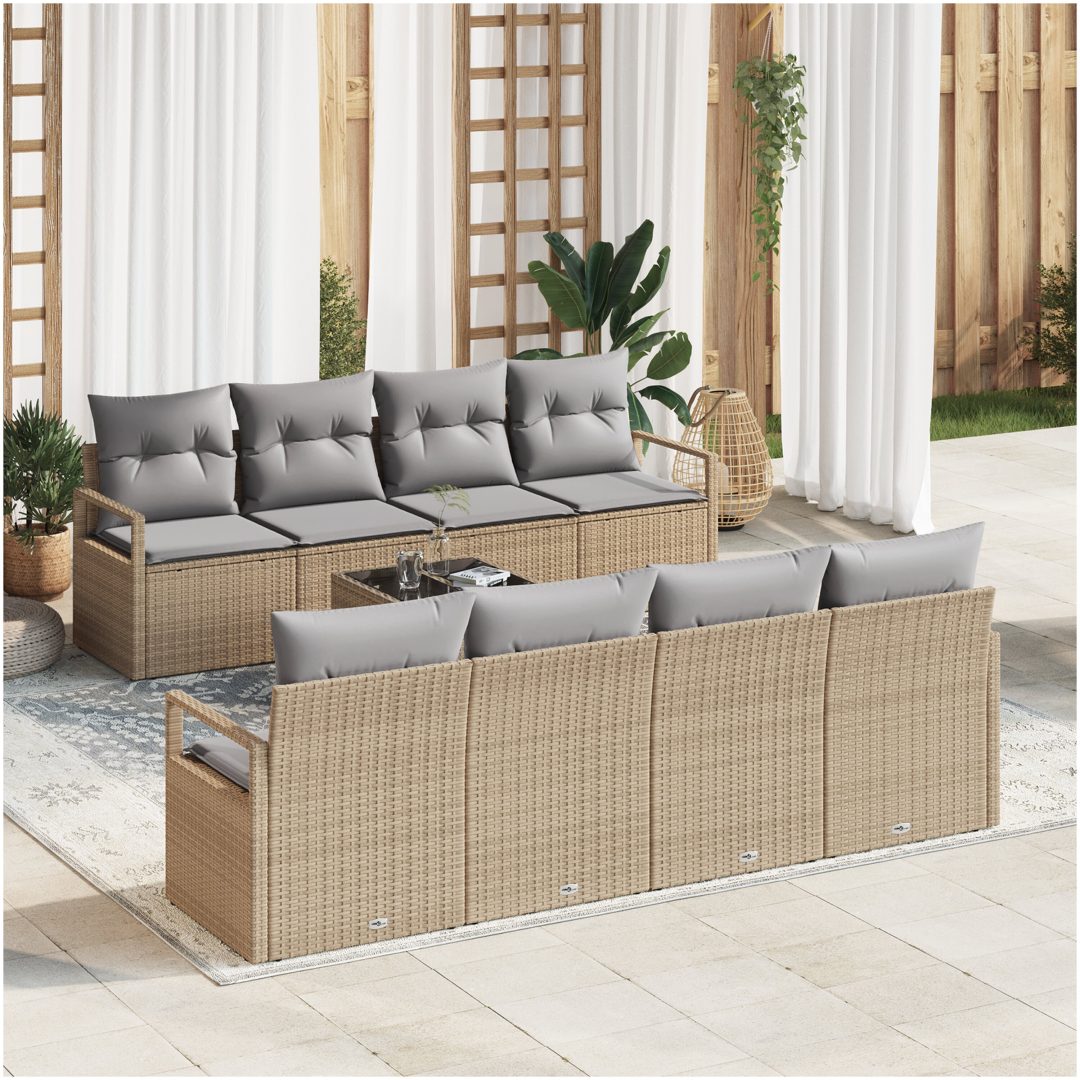 9-delars trädgårdsoffagrupp med kuddar beige poly rattan vidaXL Stor