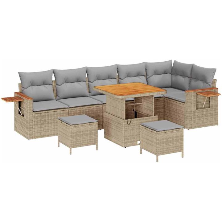 9-delars trädgårdsoffagrupp med kuddar Beige Poly Rottning Akacia vidaXL Enkel, 2 - Sits, 3 - Sits, 80 cm – bild 2
