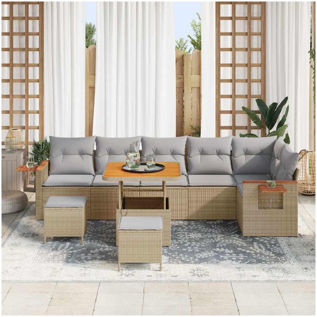 9-delars trädgårdsoffagrupp med kuddar Beige Poly Rottning Akacia vidaXL Enkel, 2 - Sits, 3 - Sits, 80 cm – bild 3