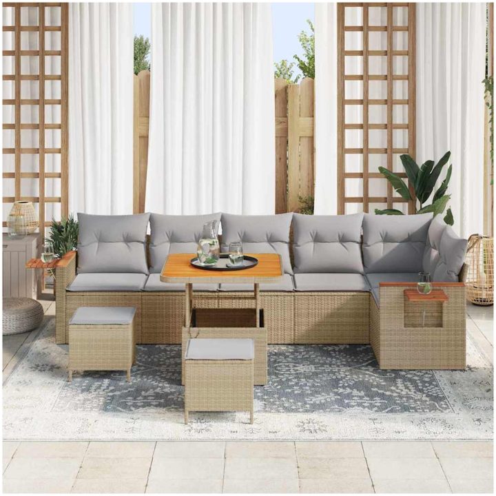 9-delars trädgårdsoffagrupp med kuddar Beige Poly Rottning Akacia vidaXL Enkel, 2 - Sits, 3 - Sits, 80 cm – bild 3