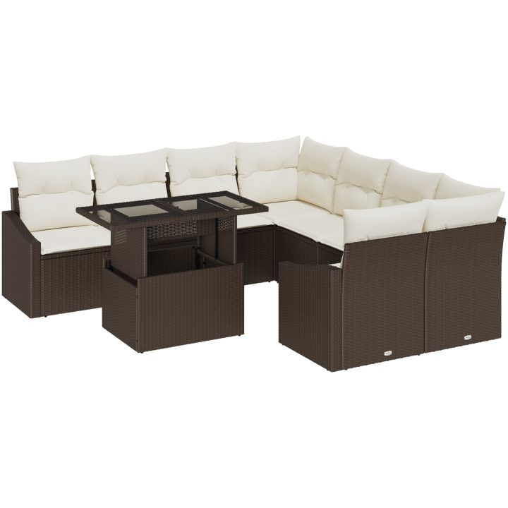 9-delars Trädgårdsoffagrupp med Kuddar Brun Poly Rattan vidaXL 100 x 55 x 73 cm – bild 2