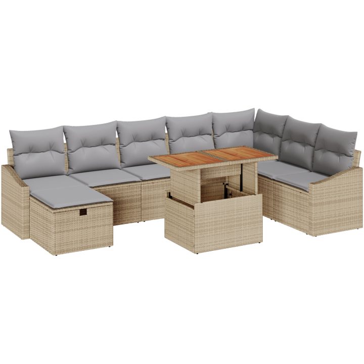 9-delars trädgårdsoffagrupp med kuddar i beige poly-rattan. vidaXL 100 x 55 x 73 cm – bild 2