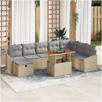 9-delars trädgårdsoffagrupp med kuddar i beige poly-rattan. vidaXL