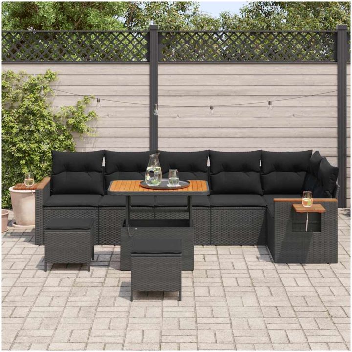 9 Delars Trädgårdsoffagrupp med Kuddar Svart Poly Rattan Akacia vidaXL Stor – bild 3