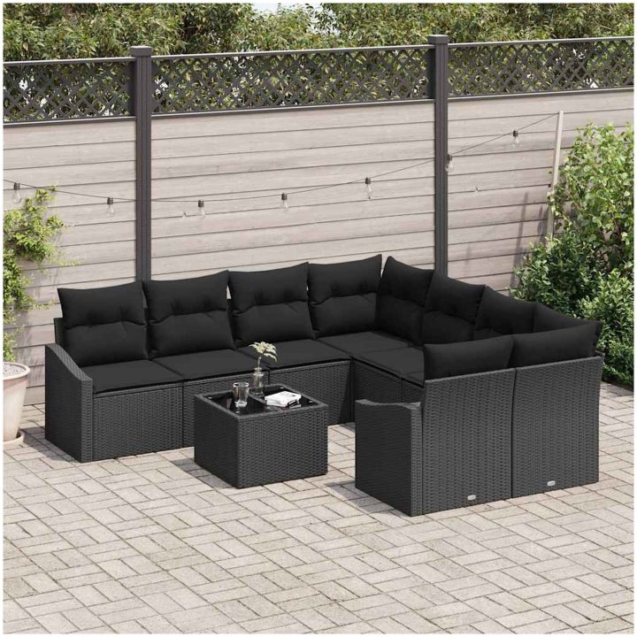 9 Delars Trädgårdsoffamöbelset med Kuddar Svart Poly Rattan vidaXL 55 x 55 x 37 cm – bild 3
