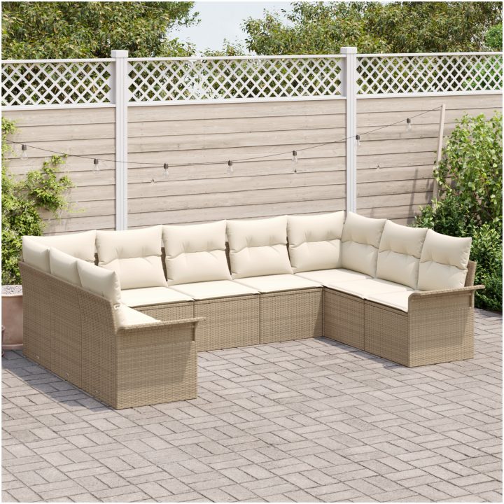 9 Delars Trädgårdsoffan Set med Kuddar Beige Poly Rattan vidaXL Stor – bild 3