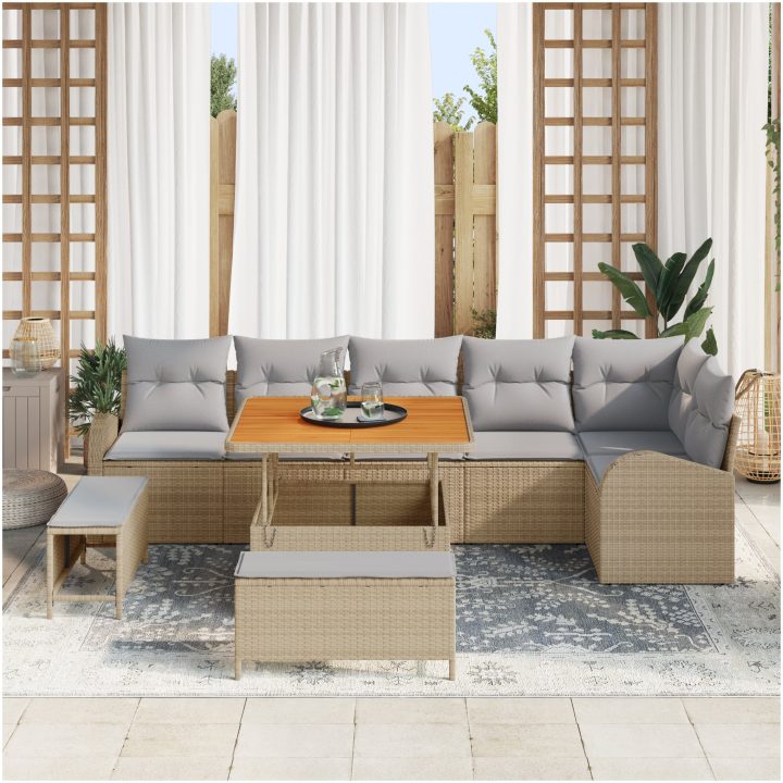 9 Delars Trädgårdsoffas med Kuddar Beige Poly Rattan Akacia vidaXL Stor – bild 3