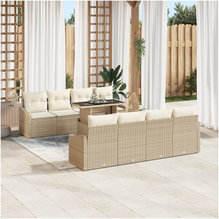 9-delars trädgårdsoffas med kuddar i beige poly rattan vidaXL 100 x 55 x 73 cm – bild 3