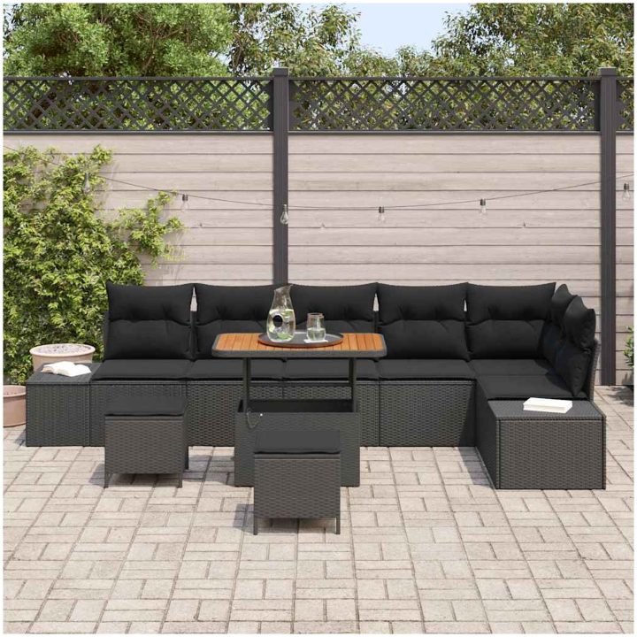 9-delars trädgårdsoffas med kuddar svart poly rattan akacia vidaXL 4 - Sits – bild 3