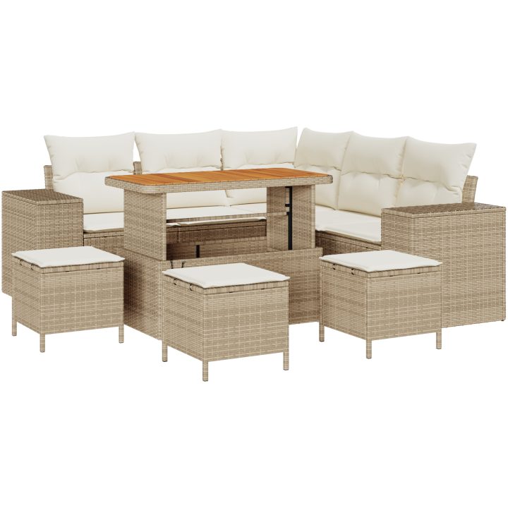 9 Delars Trädgårdsoffasats med Kuddar Beige Poly Rattan Akacia vidaXL Medium – bild 2