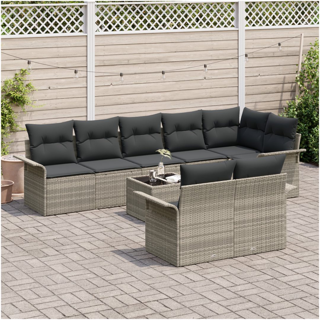 9-delars trädgårdsoffasats med kuddar Grå Poly Rattan vidaXL 55 x 55 x 37 cm – bild 3