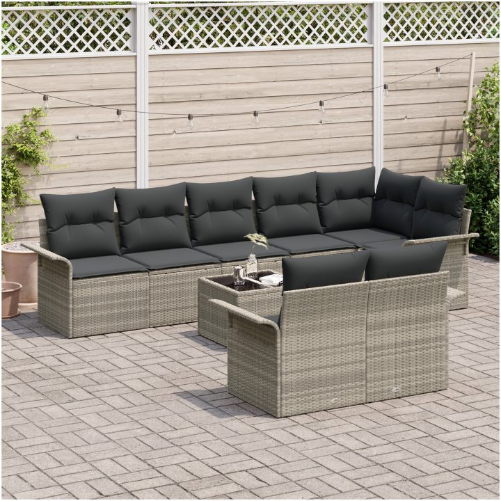 9-delars trädgårdsoffasats med kuddar Grå Poly Rattan vidaXL 55 x 55 x 37 cm – bild 3