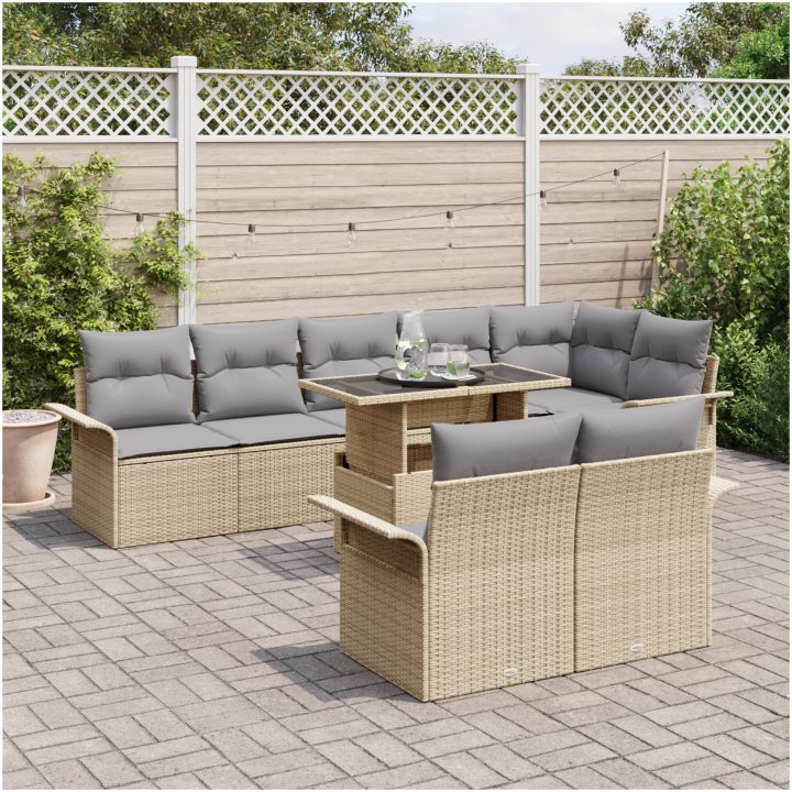 9-delars trädgårdsoffaset med beige kuddar i polyrotting vidaXL 100 x 55 x 73 cm – bild 3