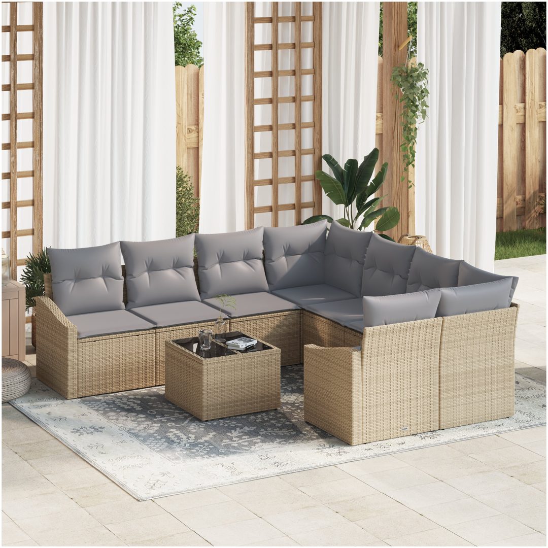 9 Delars Trädgårdsoffaset med Kuddar Beige Poly Rattan vidaXL 55 x 55 x 37 cm