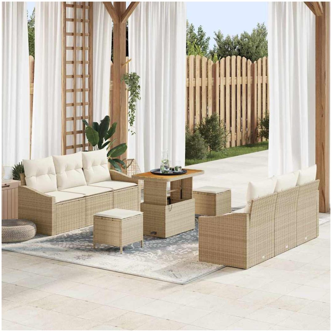 9-delars Trädgårdsoffaset med kuddar Beige Poly Rattan vidaXL Mellan