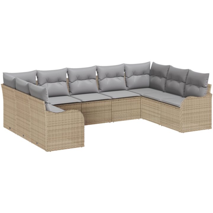 9-delars trädgårdsoffaset med kuddar beige poly rotting vidaXL Stor – bild 2