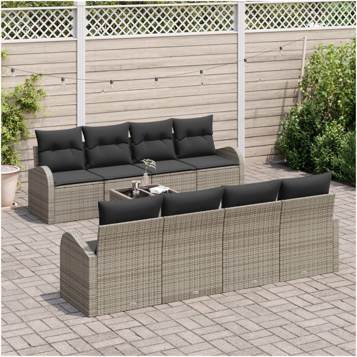 9 Delars Trädgårdsoffaset med Kuddar Grå Poly Rattan vidaXL Justerbar, modulär – bild 3