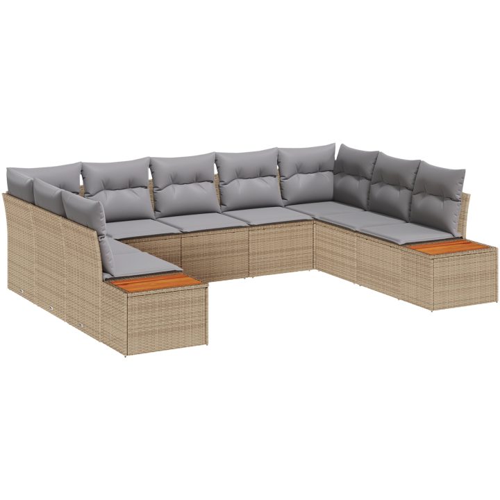 9-delars trädgårdsoffaset med kuddar i beige. Det har poly rattan och akaciaträ. vidaXL 289 x 209 x 69 cm – bild 2