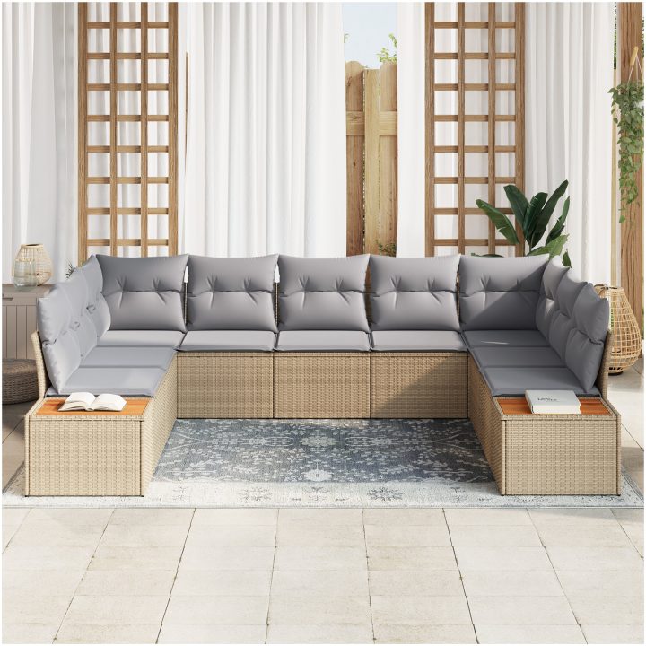9-delars trädgårdsoffaset med kuddar i beige. Det har poly rattan och akaciaträ. vidaXL 289 x 209 x 69 cm – bild 3