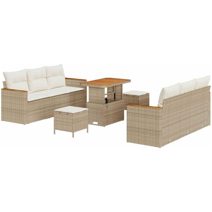 9-delars trädgårdsoffaset med kuddar i beige poly rattan akacia vidaXL Medium – bild 2