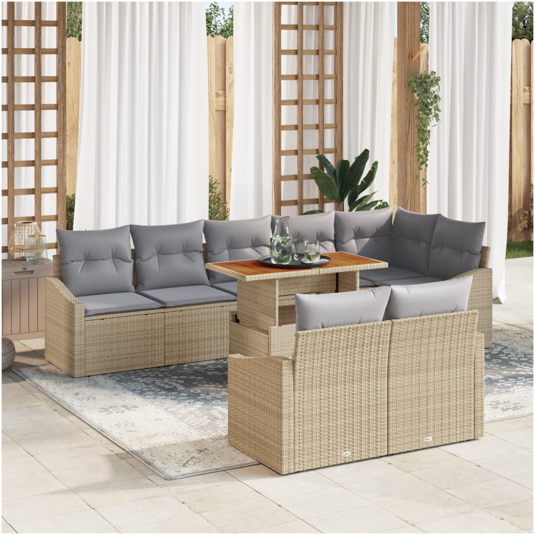 9-delars trädgårdsoffaset med kuddar i beige poly rattan. vidaXL 100 x 55 x 73 cm
