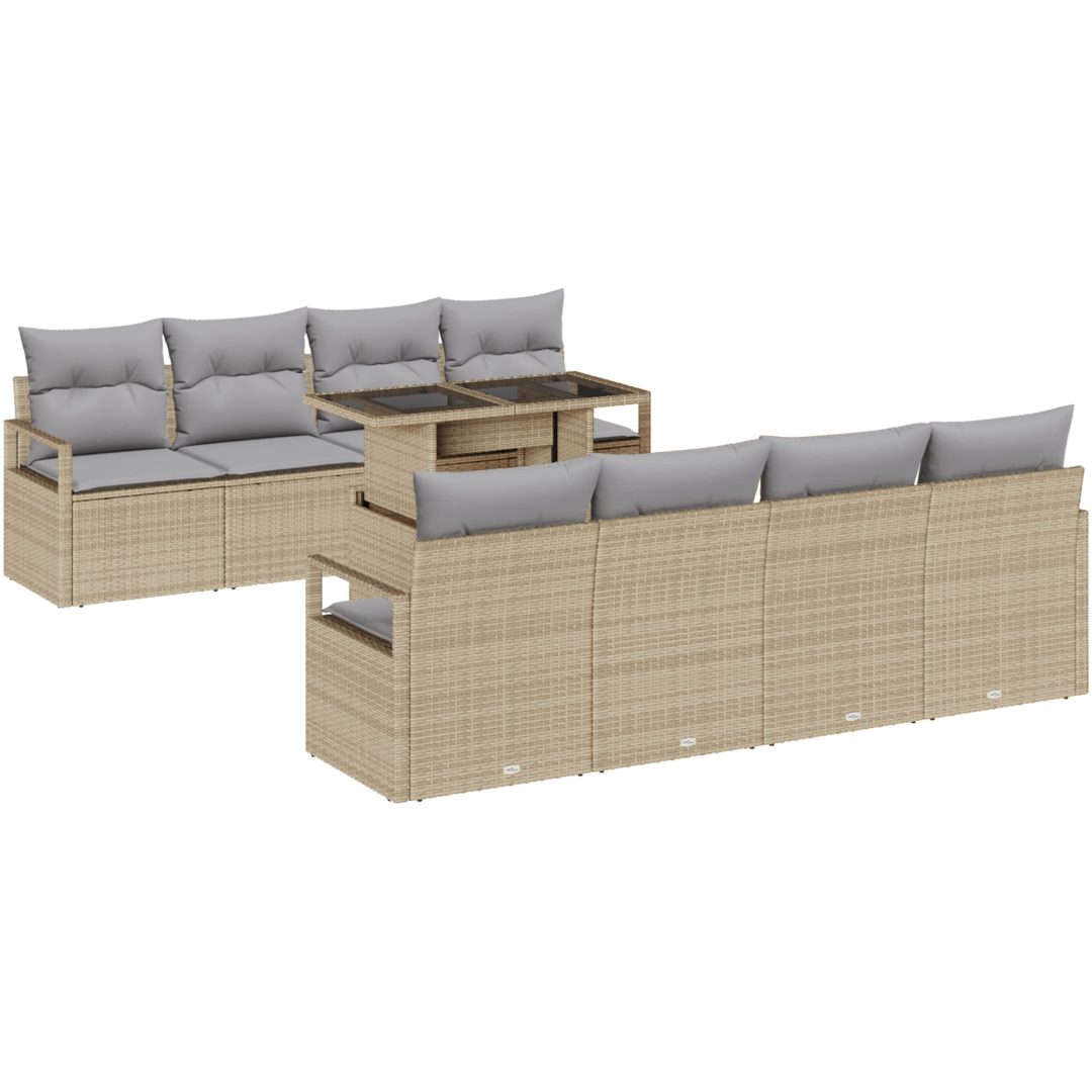 9-delars trädgårdsoffaset med kuddar i beige poly rattan vidaXL Stor – bild 2
