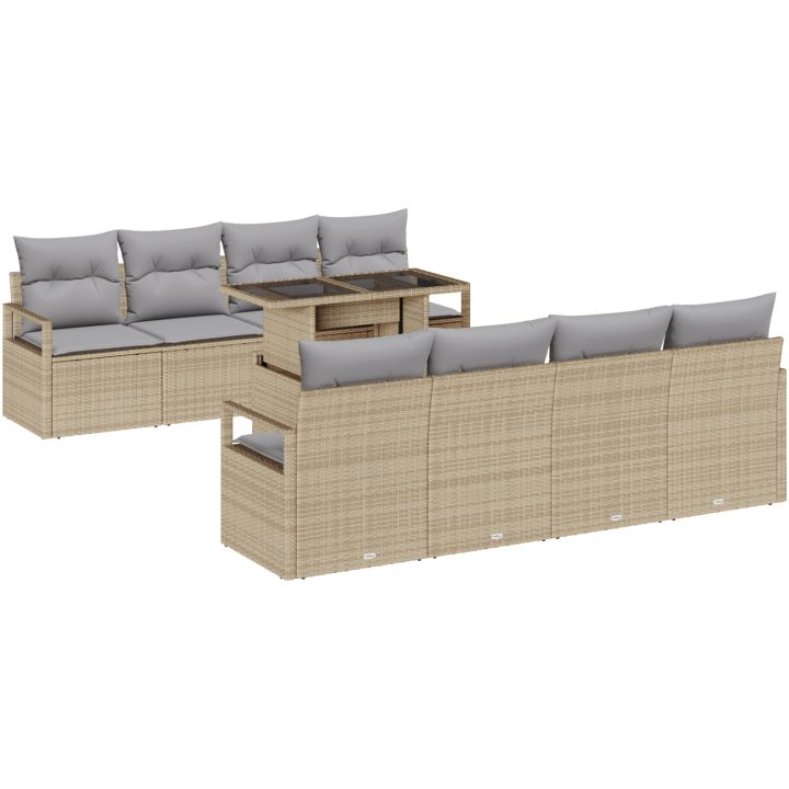 9-delars trädgårdsoffaset med kuddar i beige poly rattan vidaXL Stor – bild 2