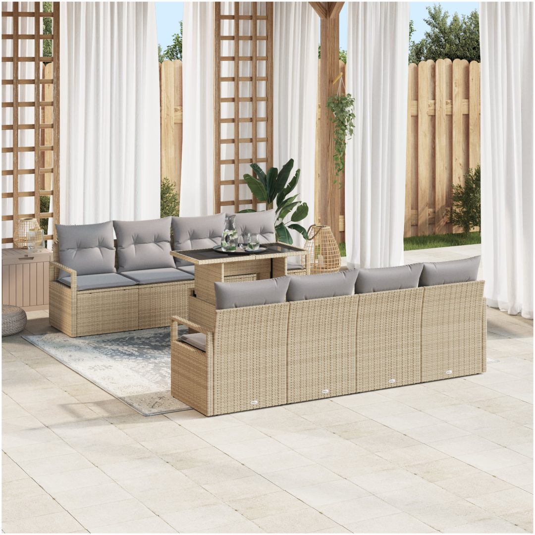 9-delars trädgårdsoffaset med kuddar i beige poly rattan vidaXL Stor – bild 3