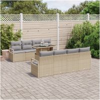 9-delars trädgårdsoffaset med kuddar i beige poly rattan vidaXL