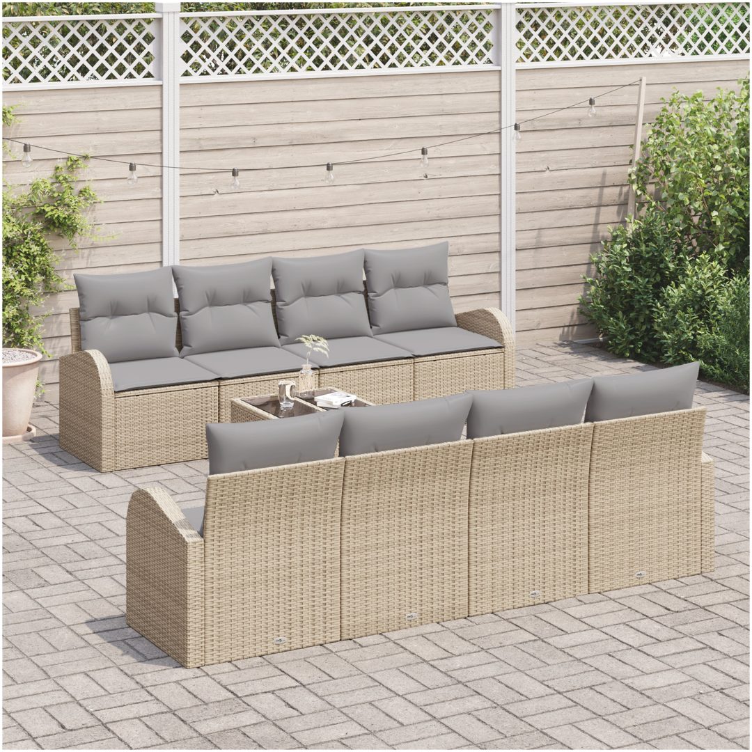 9-delars trädgårdsoffaset med kuddar i beige polyrotting vidaXL Large – bild 3