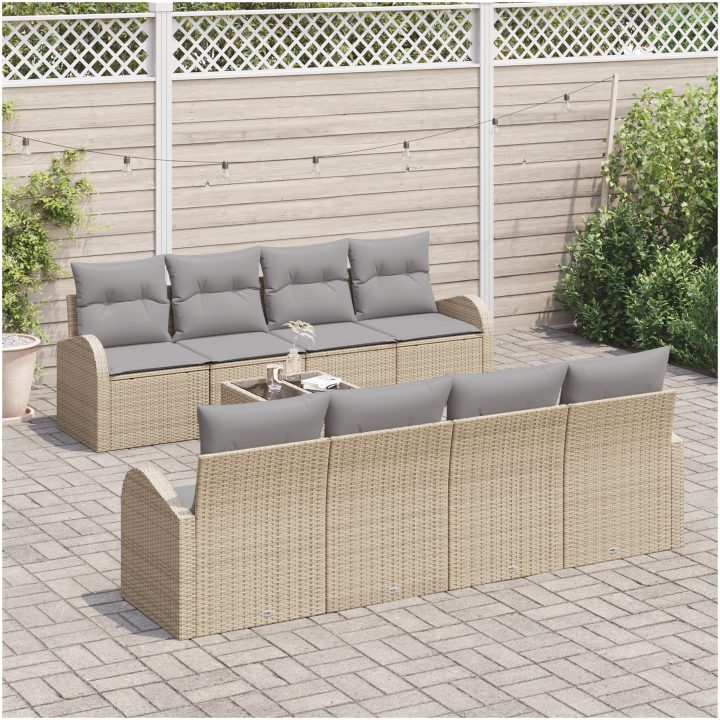 9-delars trädgårdsoffaset med kuddar i beige polyrotting vidaXL Large – bild 3