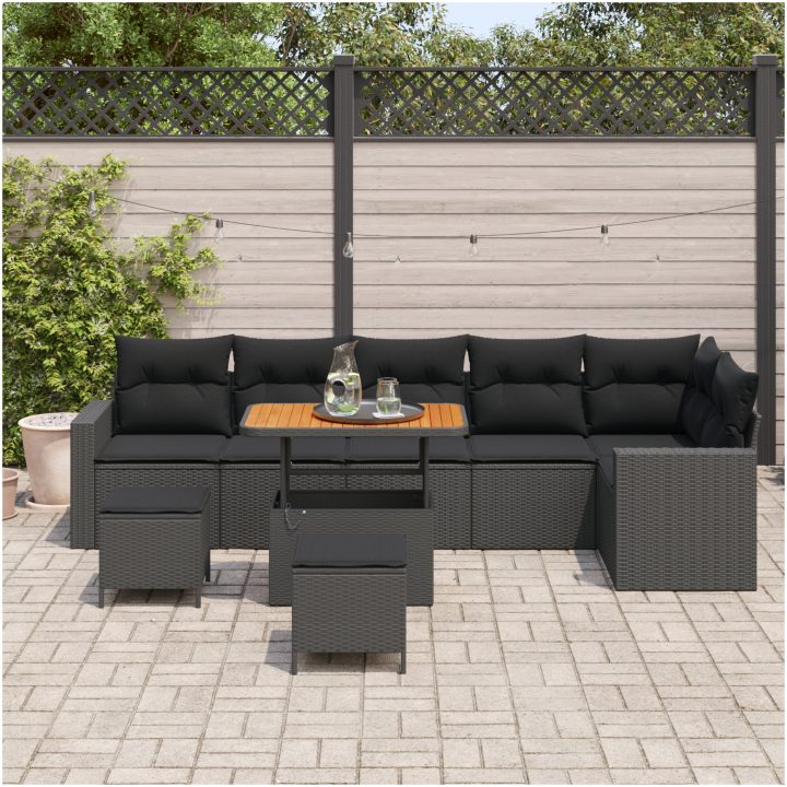 9-delars Trädgårdsoffaset med Kuddar Svart Poly Rattan Akacia vidaXL Medium – bild 3