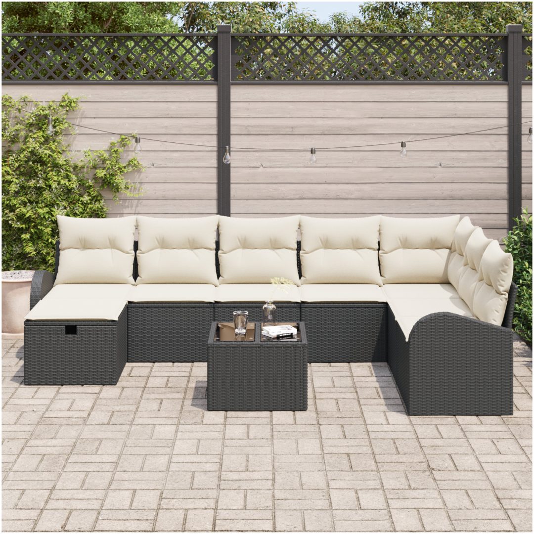 9-delars trädgårdsoffaset med kuddar svart poly rotting vidaXL 289 x 179 x 85 cm – bild 3